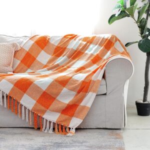 Orange and White Plaid Tasseled Throw