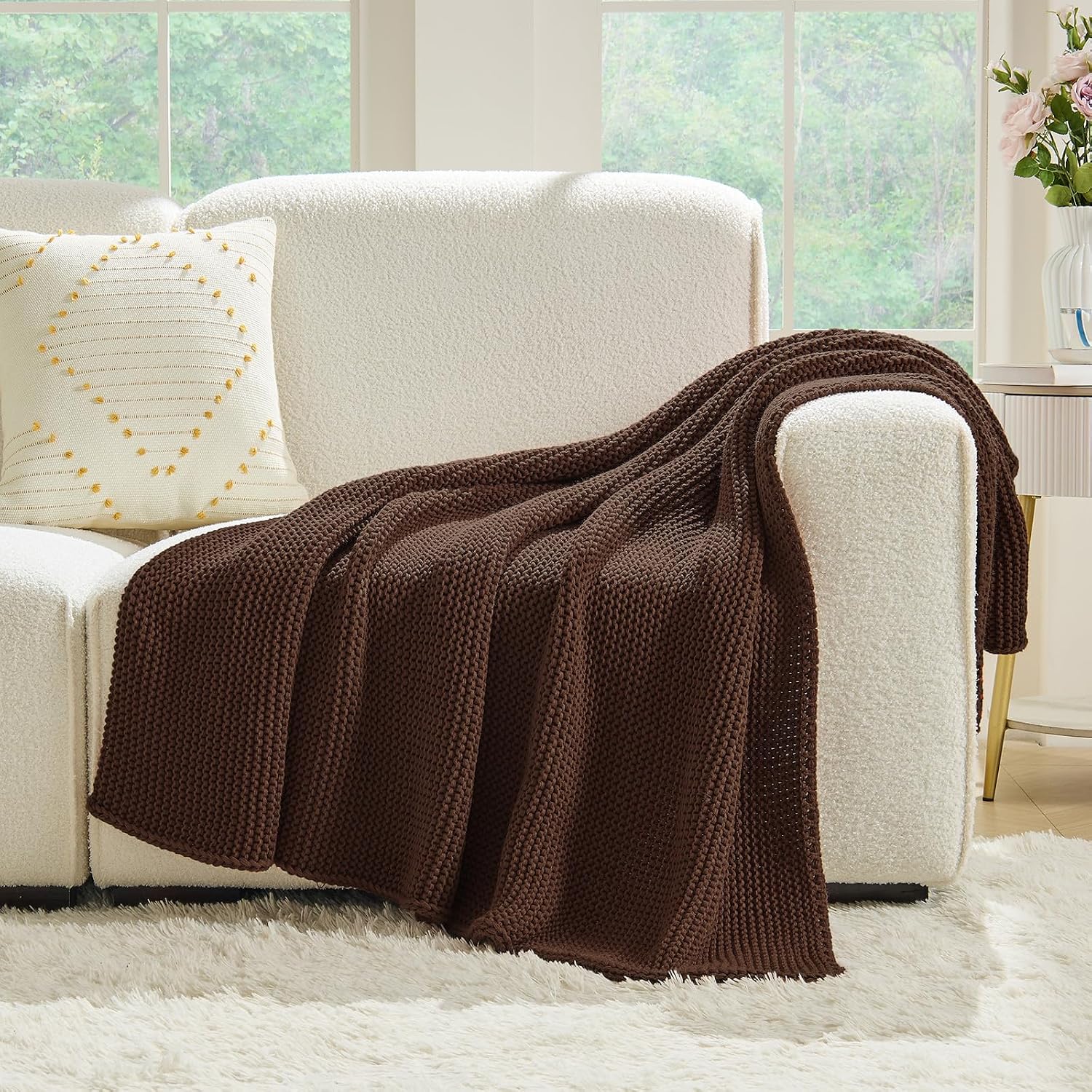 Chocolate brown textured knit throw - Image 2