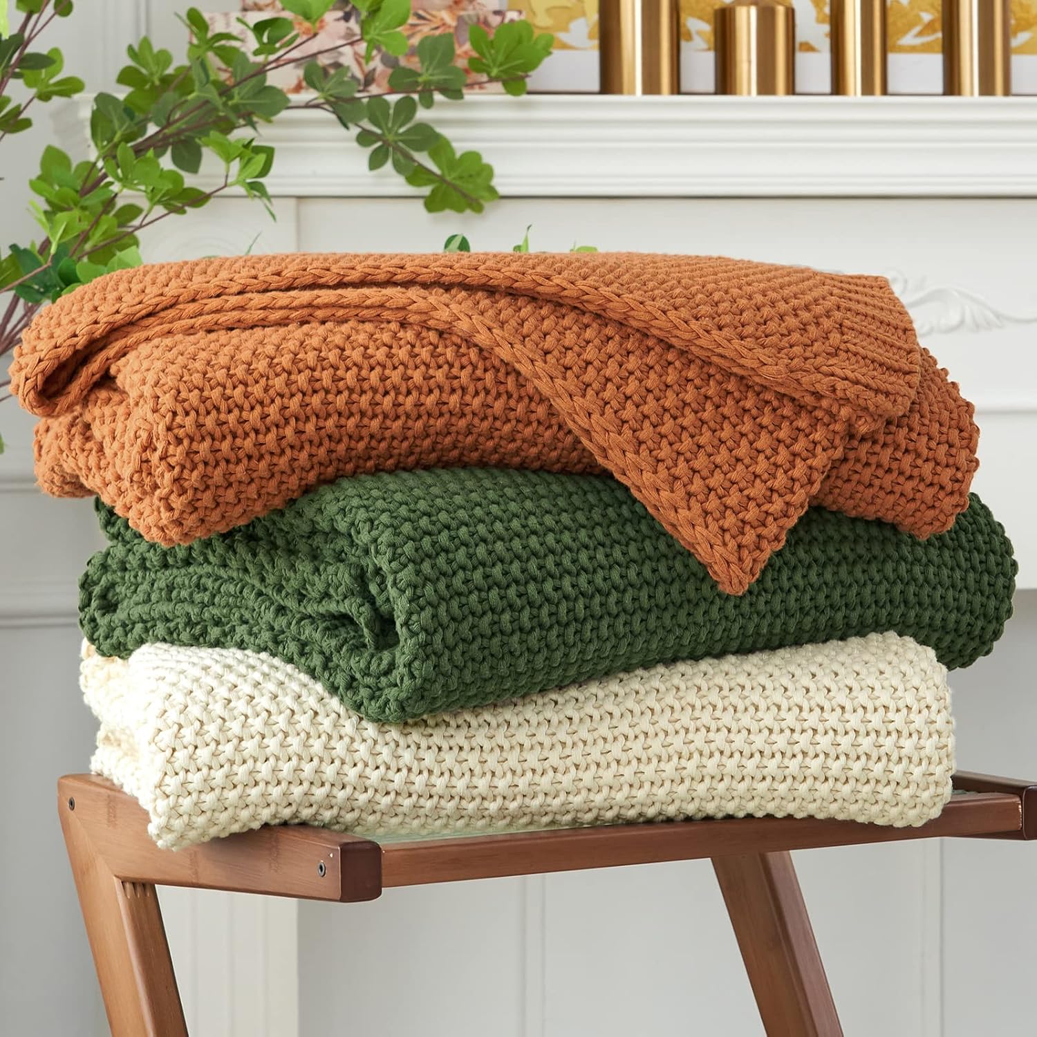 Beige Organic Cotton Chunky Cable-Knit Throw
