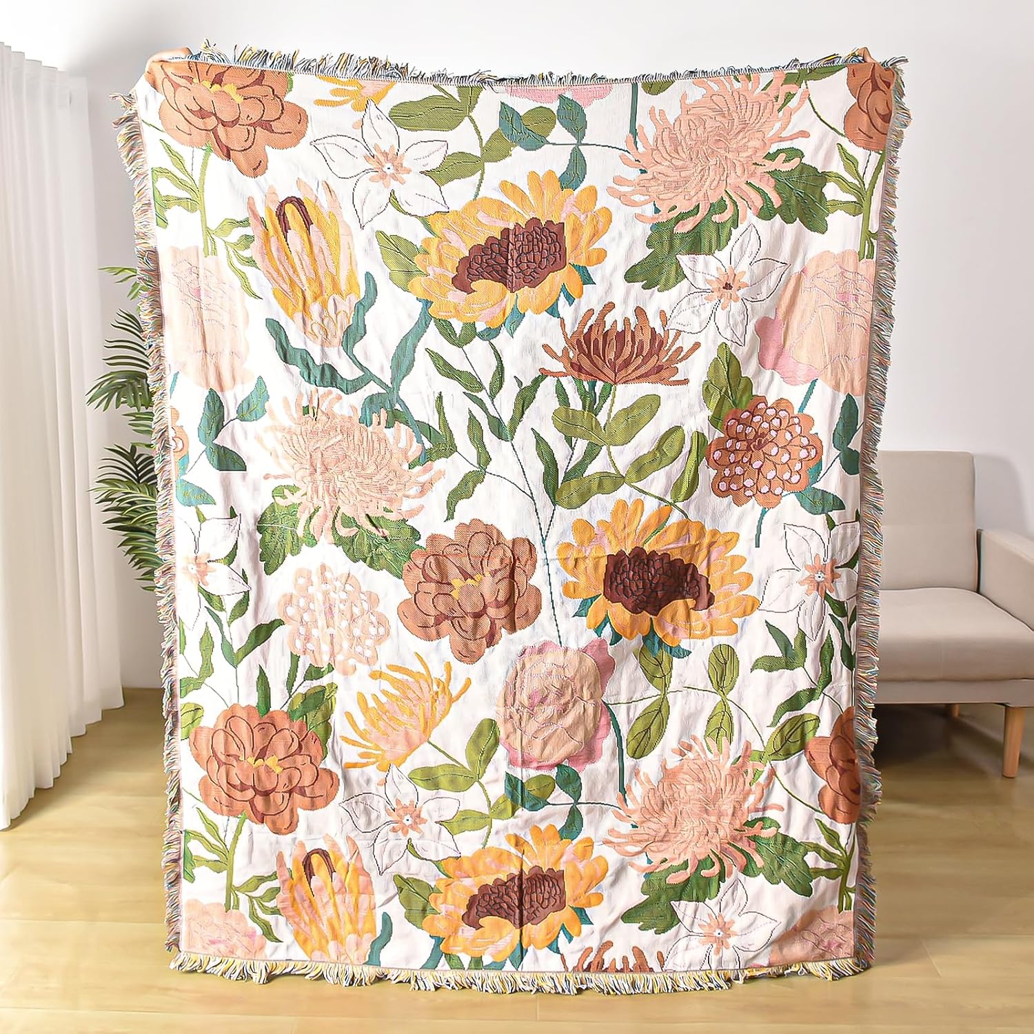 Yellow floral throw with tassels - Image 2