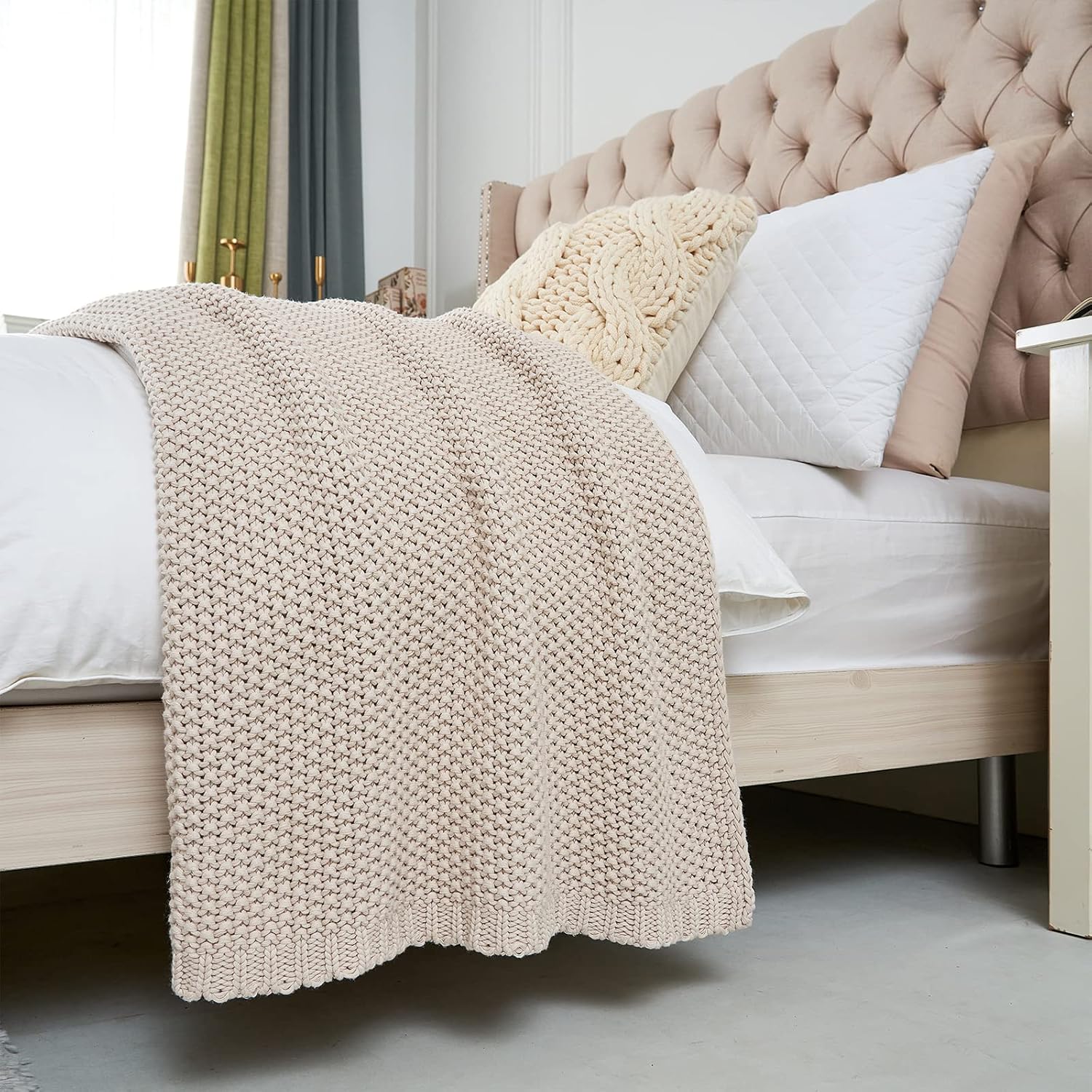 Beige Organic Cotton Chunky Cable-Knit Throw - Image 3