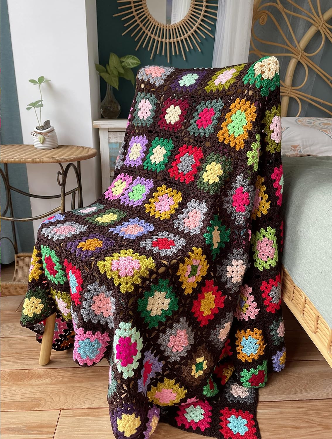 Dark Brown Hand-Crocheted Square-Motif Throw - Image 2