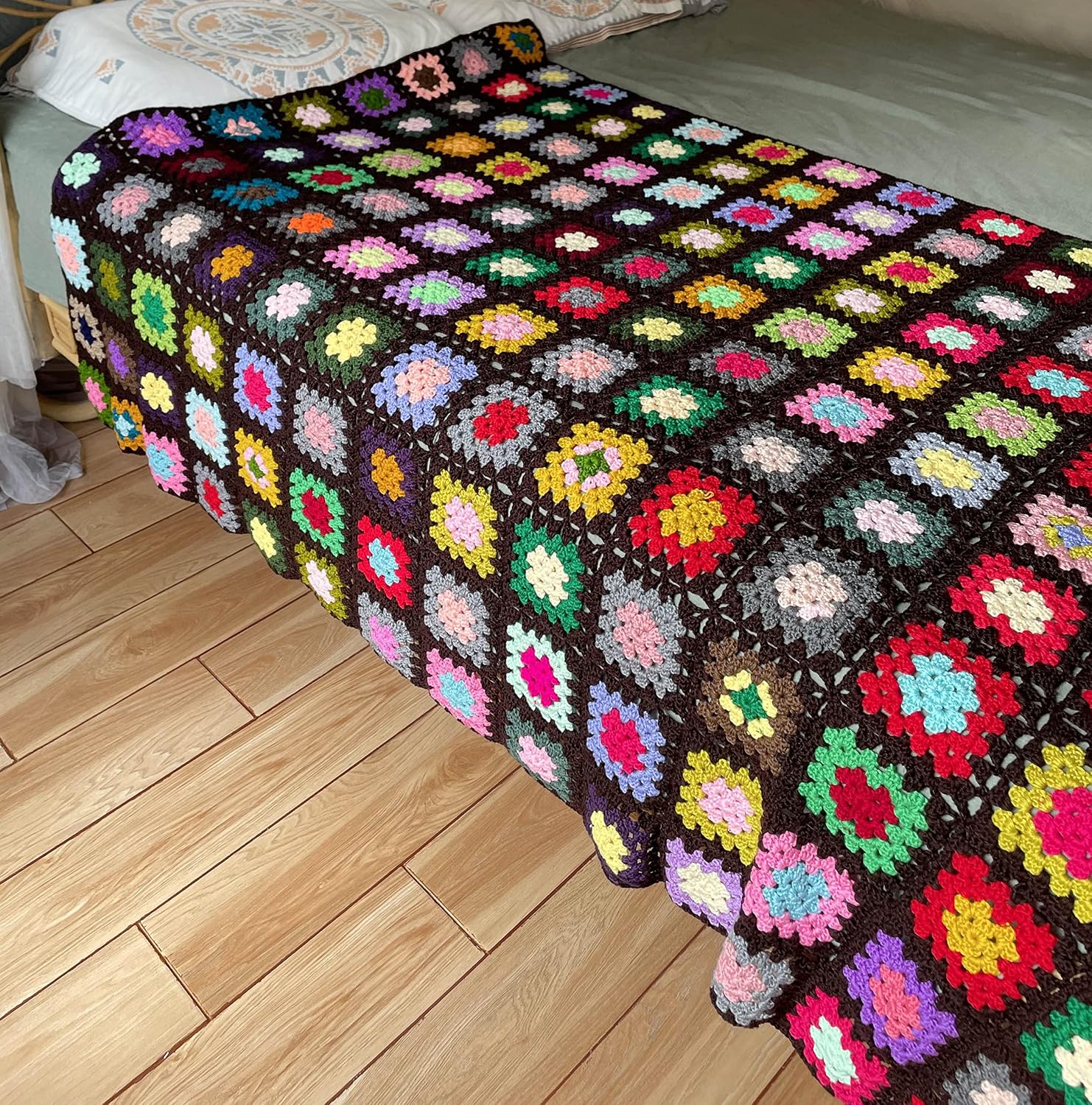 Dark Brown Hand-Crocheted Square-Motif Throw